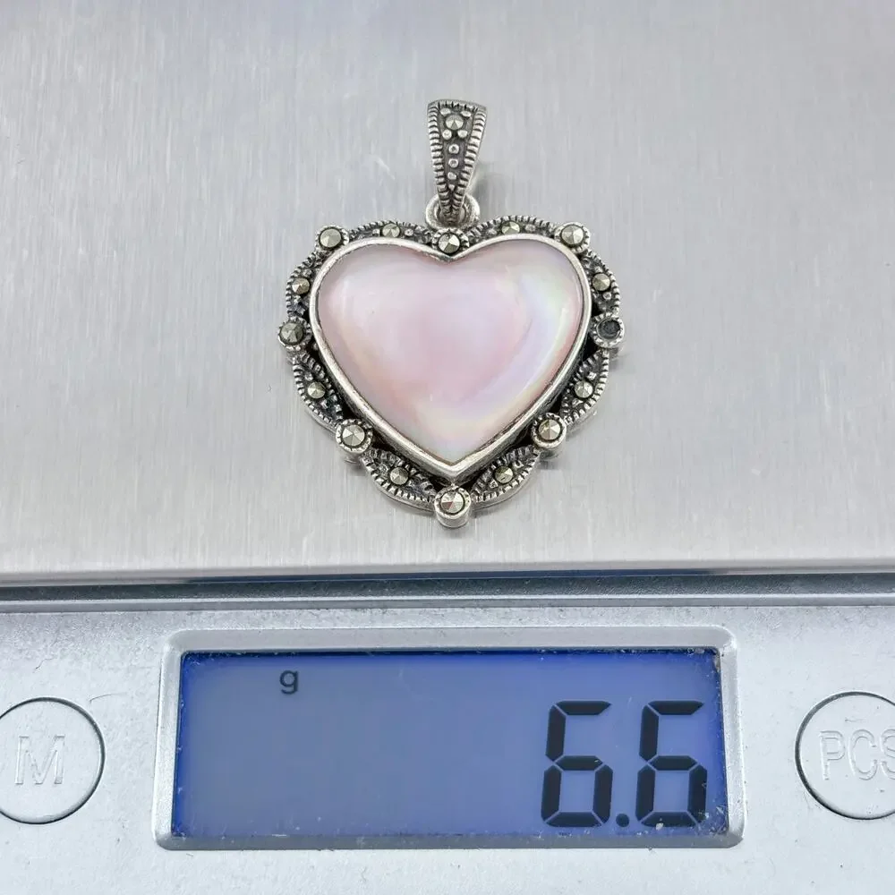 Vintage Sterling Silver 925 Mother of Pearl Marcasite Heart Pendant
